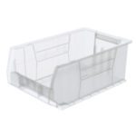 The Metro MB30281CLS Large Stacking Supply Bin, Clear, 20 x 12.37 x 8, features ribbed sides and an open front, offering a simple design ideal for efficient organization and storage of various items.