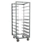 The Metro RD27NA120 Oval Tray Pan Rack with Pan Stop offers 6 slide spacing and measures 27 x 29 x 70.25. It features caster-style wheels and multiple horizontal shelves for easy access and smooth mobility.