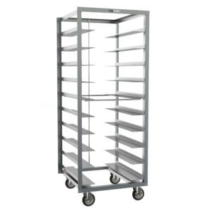 The Metro RD27NA120 Oval Tray Pan Rack with Pan Stop offers 6 slide spacing and measures 27 x 29 x 70.25. It features caster-style wheels and multiple horizontal shelves for easy access and smooth mobility.