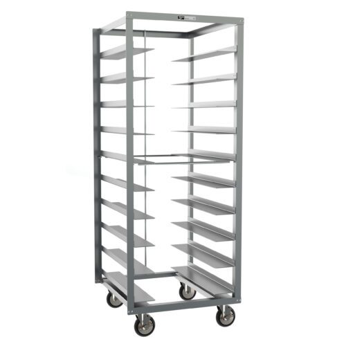 The Metro RD27NA120 Oval Tray Pan Rack with Pan Stop offers 6 slide spacing and measures 27 x 29 x 70.25. It features caster-style wheels and multiple horizontal shelves for easy access and smooth mobility.
