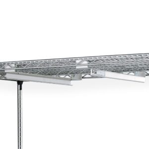 The Metro US18NA Super Erecta Adjustable Undershelf Slides for 18 wide shelves feature a hanging rail system supported by vertical poles, offering a sturdy, industrial storage solution.