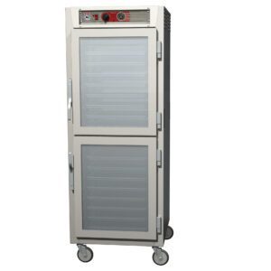 The Metro C569-SDC-UPDC Insulated Pass-Thru Holding Cabinet is full height, featuring Dutch Clear Doors with a transparent double-door design and Universal Wire Slides. It has red control knobs, runs on 120V at 60Hz with 2000W power, and is mounted on four wheels for easy mobility.