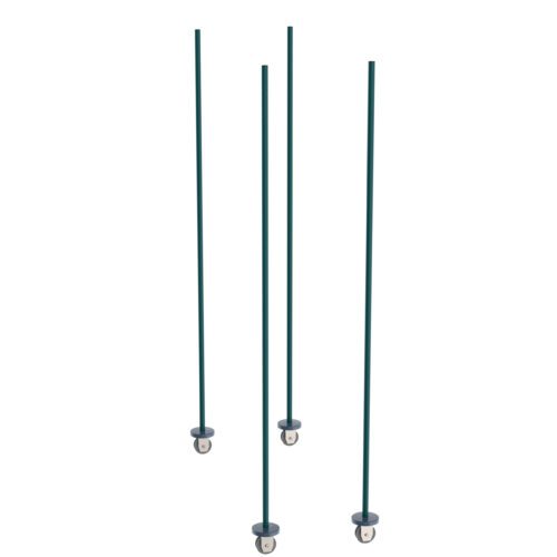 Four Metro BTMK3 qwikTRAK Mobile Unit Kits, featuring Metroseal Green Epoxy-coated rods with small round white and gray bases, are vertically arranged on a plain white background. The evenly spaced rods vary slightly in height.