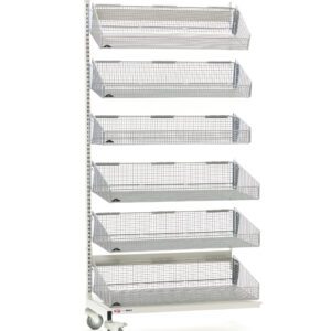 The Metro QB136-M6A qwikSIGHT Mobile Single-Sided 6-Basket Shelving Add-On, 36 L, is a tall metal rack with six wire mesh baskets on wheels for easy mobility and adjustable heights. Its minimalist design is ideal for organizing or displaying items against a plain white background.