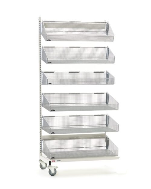 The Metro QB136-M6A qwikSIGHT Mobile Single-Sided 6-Basket Shelving Add-On, 36 L, is a tall metal rack with six wire mesh baskets on wheels for easy mobility and adjustable heights. Its minimalist design is ideal for organizing or displaying items against a plain white background.