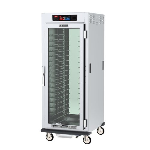 The Metro C599X-SFC-UPFC C5 9 Series is a full-height, wheeled cabinet with clear doors, universal wire slides, and digital controls. The stainless steel unit operates at 220-240V, 50/60Hz (1681-2000W), ideal for food storage and heating with controlled humidity.