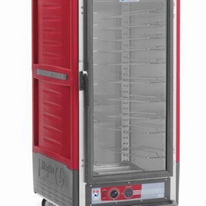 The Metro C537-HFC-U C5 3 Series Insulated Holding Cabinet is 3/4 height in red with a full-length clear door, universal wire slides, operates on 120V/60Hz at 2000W, and includes wheels for easy mobility.