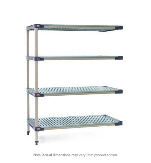 The MetroMax 4 AX436G4 is a 21 x 36 x 63 four-tier plastic shelving add-on unit featuring light blue shelves with dark corner trim. Each shelf has perforations for ventilation. Supported by four sturdy legs, dimensions may vary slightly.