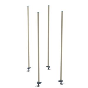 The Metro BTAQ3 qwikTRAK Unit Kit features four vertical epoxy-coated steel posts with metal clamps, presenting a minimalist design against a white background. Each post has a refined metal tip, adding both aesthetic appeal and durability to any space.