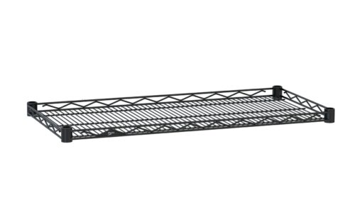 The Metro HDM1836BL Super Erecta Drop Mat Wire Display Shelf is a black metal shelf, sized 18 x 36, with a crisscross side pattern, four cylindrical corner supports, and a flat base made of evenly spaced metal rods, ideal for organized storage.