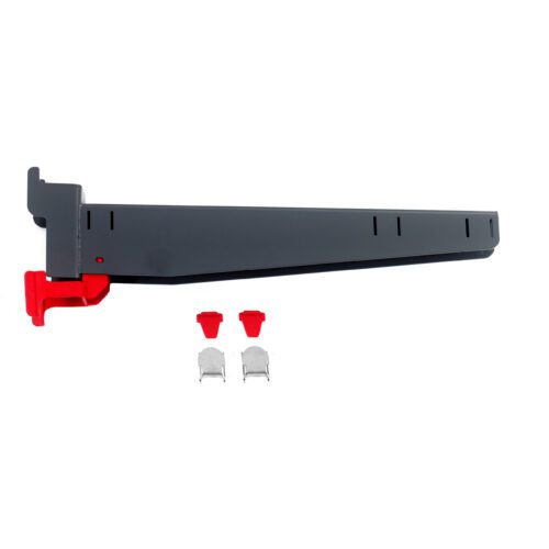 Above two red plastic pieces and two metal clips on a white background, theres a gray bracket with a red latch that is compatible with the Metro SMA18A-ADD SmartLever Arm (Single), 18.