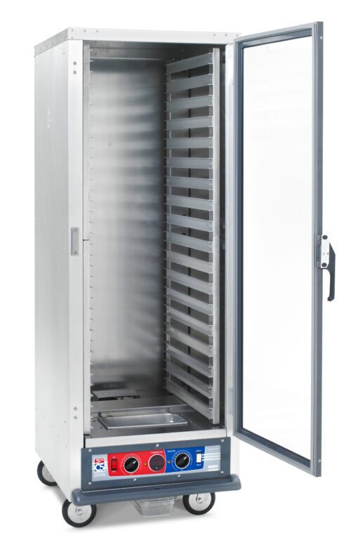 34qo01te5o48k8iq2hfh6pmvvikyml88.jpg The Metro C519-CFC-LA C5 1 Series Holding/Proofing Cabinet, full height with lip load aluminum slides, has a transparent door, multiple shelves, bottom control dials, and runs on 120V/2000W. It features four wheels for easy mobility.