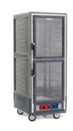 The Metro C539-MXDC-U-GYA C5 3 Series is a full-height gray heated holding/proofing cabinet with Dutch clear doors and universal wire slides. It operates at 220-240V/50/60Hz, uses 1681-2000W, and features control knobs at the bottom. Its mobile with four caster wheels.