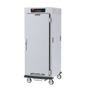 The Metro C599-SFS-UPFSA C5 9 Series cabinet is a full-height, gray industrial unit on wheels with a digital control panel and 120V/60Hz power. It features universal wire slides, a full-length solid door, and is ideal for commercial food service use to hold or proof foods.