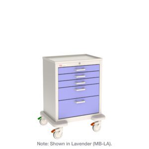 The Metro MBX3110TL Basix General Use Medical Cart boasts a white and lavender finish, four drawers, large sturdy wheels, and a flat top surface for practicality and effortless mobility.