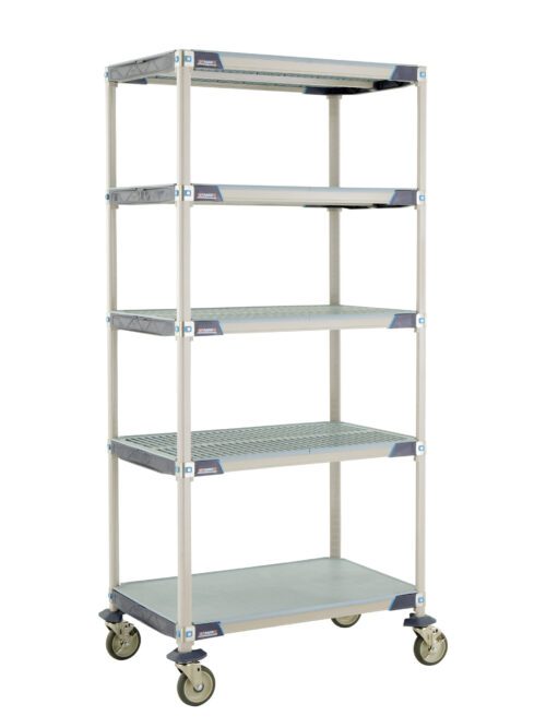 The MetroMax i 5X537EGX3 5-Shelf Industrial Plastic Shelving Mobile Cart features a tall, utilitarian design with dimensions of 24 x 36 x 79.3125, light gray reinforced shelves at each corner, and a solid bottom shelf.