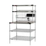 The Metro CRHSP-3036 Prep Workstation offers efficiency with three lower wire shelves, an upper section, a worktop area, and a mounted barcode scanner. This 30 x 36 unit features grid backing clips and small storage baskets for added convenience.