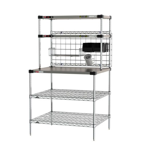 The Metro CRHSP-3036 Prep Workstation offers efficiency with three lower wire shelves, an upper section, a worktop area, and a mounted barcode scanner. This 30 x 36 unit features grid backing clips and small storage baskets for added convenience.