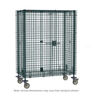 The Metroseal Green Epoxy SEC56VK3 Super Erecta Mobile Security Shelving Unit is ideal for storage or transport, featuring a secure latch door and dimensions of 27.25 x 65 x 68.4375.