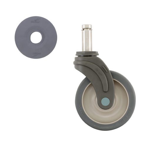 39kxmcixi74x609580kn6r322y7b3rrw.jpg A grey and black caster wheel with a metal stem is shown vertically. Beside it, Metro is visible, identifying it as the Metro 5PSTE 5 Polymer and Stainless Steel Total-guard Swivel Stem Caster for Super Erecta Industrial Wire Shelving Racks.