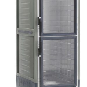 The Metro C539-MDC-L-GY is a gray, full-height insulated cabinet with Dutch Clear Doors and lip load aluminum slides. It features metal shelves, control knobs at the bottom, and wheels for mobility. Suitable for 120V, 60Hz operations.