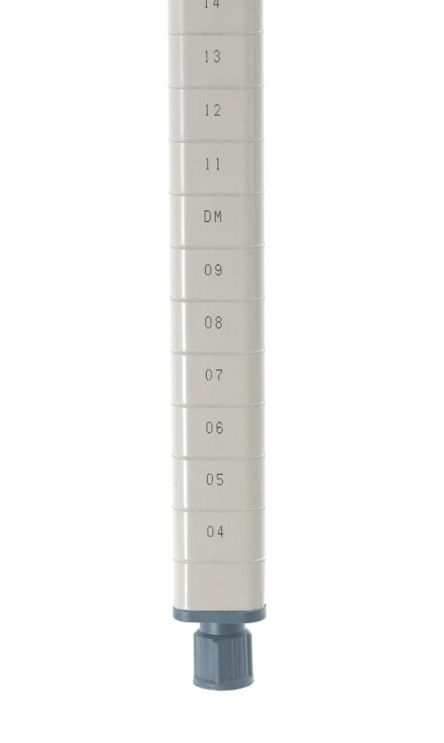 A manual ring sizing tool, made from epoxy-coated steel with numbered measurements from 4 to 14 and DM displayed vertically, is anchored by a gray handle against a white backdrop.