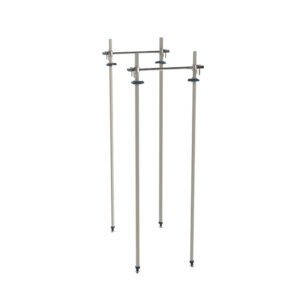 Three tall, thin polymer posts from the Metro MXTTA24 Top-Track Stationary Intermediate Unit Kit, each with adjustable clips and round bases, form a triangular arrangement against a plain white background.