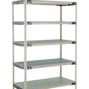 The MetroMax i 5X557HX3 Shelving Unit (24 x 48 x 74) has five adjustable grid shelves, a solid bottom shelf for support, a light gray finish with black corner accents, and small black feet.
