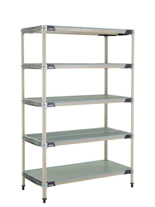 The MetroMax i 5X557HX3 Shelving Unit (24 x 48 x 74) has five adjustable grid shelves, a solid bottom shelf for support, a light gray finish with black corner accents, and small black feet.