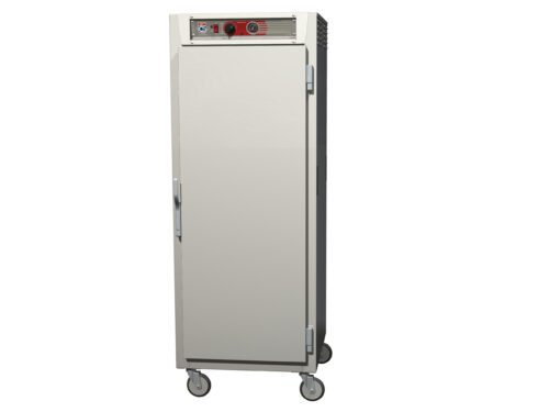 The Metro C569-SFS-UPFSA is a full-height, insulated pass-thru holding cabinet with a solid, full-length door, universal wire slides, and smooth metallic design. Mounted on four caster wheels, it includes top-panel controls and operates at 120V for efficiency.