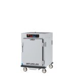 The Metro C595X-SFS-UA is a 1/2 height, stainless steel mobile heating cabinet with a full-length door, digital control panel, and ventilation grilles. It has universal wire slides for versatile storage and efficient food warming suitable for transport at 220-240V, 1681-2000W, and 50/60Hz.