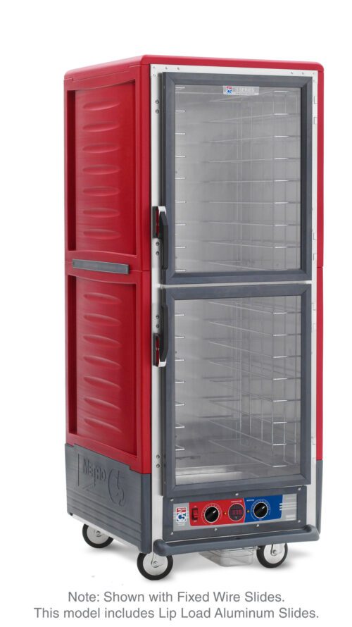 The Metro C539-MXDC-L C5 3 Series is a full-height insulated food cart in red with Dutch clear doors, equipped with multiple shelves and wheels. It features bottom control panel and lip load aluminum slides for versatility, operates at 220-240V, 50/60Hz, and 1681-2000W.
