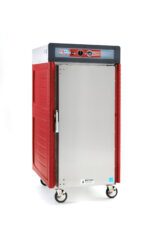 The Metro C548-ASFS-UA C5 4 Series Insulated Holding Cabinet offers a 5/6 height in red/silver, featuring universal wire slides, a full-length solid door on wheels with a side handle and top control dials, perfect for catering or food service.