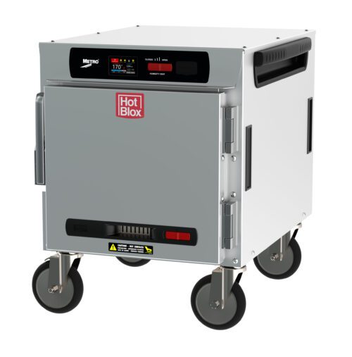 3e429dwkjbyo87obrbpvxda18eg1zqib.jpg The Metro HBCN4-DS-UC HotBlox 4-Pan Holding Cabinet features a silver, wheeled design with a sleek handle, digital touchscreen controller, and the red Hot Blox logo. This 875W insulated undercounter unit combines precise temperature control with style.