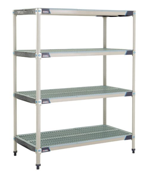 The MetroMax i X556GX3 Shelving Unit, measuring 24 x 48 x 63, features a strong frame and four ventilated grated shelves. Its grey finish suits storage needs in garages, workshops, or utility rooms.