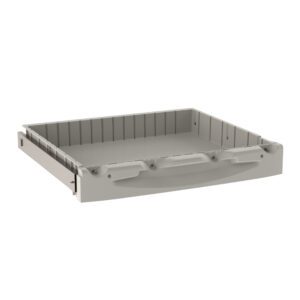 The image displays a Metro FL103 Flexline 3 Drawer in gray, featuring side handles, a smooth base, and a subtly textured exterior. This empty plastic storage drawer is perfect for storing various items and is set against a plain white background.