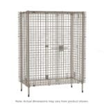 The Metro MQSEC53E MetroMax Stationary Security Shelving Unit measures 26.9375 x 38.875 x 66.1875, is a metal wire cage with a lockable door for secure storage, and stands on small legs. Note: Dimensions may vary from the product shown.