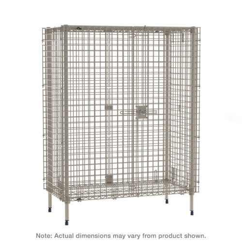 The Metro MQSEC53E MetroMax Stationary Security Shelving Unit measures 26.9375 x 38.875 x 66.1875, is a metal wire cage with a lockable door for secure storage, and stands on small legs. Note: Dimensions may vary from the product shown.