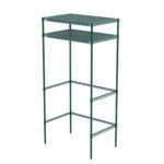 The Metro CR243674PRH2 Super Erecta Pro Overhead Storage is a tall, green metal unit with two perforated shelves on four slender legs. At 24 x 36 x 74, its minimalist design fits outdoor and indoor use.