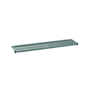 The Metro Super Erecta Pro PR1460NK3, a 14 x 60 industrial wire restaurant shelf, features a long rectangular metal design with a grid pattern and raised edges. Its lightweight, muted green structure includes a removable plastic mat, ideal for storage or organization.