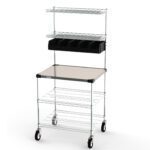 The Metro CR2430DSS Workstation, measuring 24 x 30 x 65.75, includes a flat tabletop, two lower shelves, two upper shelves, and five storage bins under the top shelf for efficient small item organization.