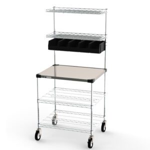 The Metro CR2430DSS Workstation, measuring 24 x 30 x 65.75, includes a flat tabletop, two lower shelves, two upper shelves, and five storage bins under the top shelf for efficient small item organization.