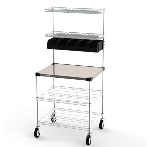 The Metro CR2430DSS Workstation, measuring 24 x 30 x 65.75, includes a flat tabletop, two lower shelves, two upper shelves, and five storage bins under the top shelf for efficient small item organization.