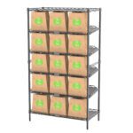 The Metro CR1836TGPU To-Go Order Pickup Station showcases a sleek metal shelving unit with six tiers. It holds brown To Go paper bags marked with green circles, neatly arranged for quick and efficient pickups.