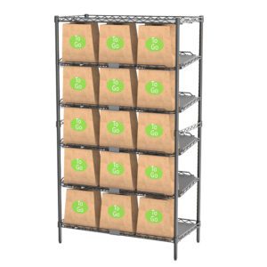 The Metro CR1836TGPU To-Go Order Pickup Station showcases a sleek metal shelving unit with six tiers. It holds brown To Go paper bags marked with green circles, neatly arranged for quick and efficient pickups.