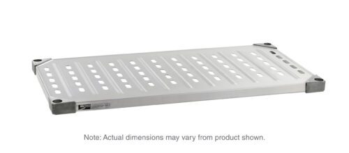 A 14 x 30 Metro 1430LG Super Erecta Solid Shelf made of louvered/embossed galvanized steel with vented slots and corner caps is shown on a white background. Note: Actual dimensions may vary from product shown.