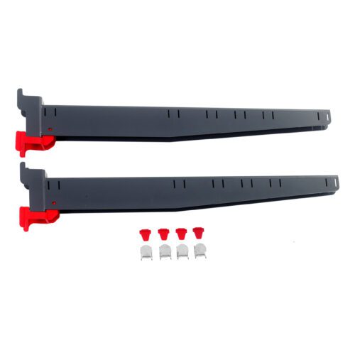 Two Metro SMA30A SmartLever Arms (Pair), each measuring 30, are parallel on a white background with three red and three gray small plastic end caps below. The brackets feature evenly spaced holes for adjustable shelving.