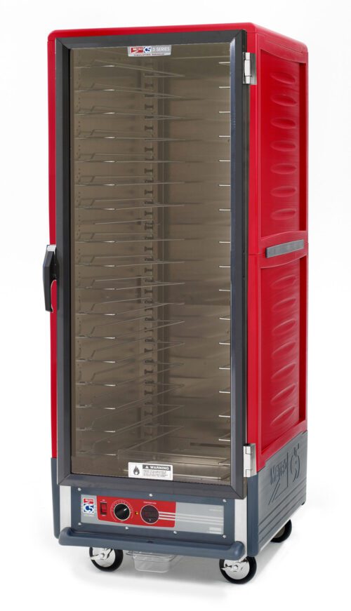 3gy0oo9yl7bhdtteshgfbjwnkycnn1uj.jpg The Metro C539-HXFC-U C5 3 Series Insulated Holding Cabinet features a full-length clear door, universal wire slides, and control knobs. This vibrant red cabinet includes vents at the base and a side handle, making it stand out against any plain backdrop.