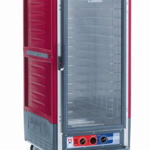 The Metro C537-MFC-4A C5 3 Series Heated Holding/Proofing Cabinet, 3/4 height, has a red exterior with a full-length clear door. It includes fixed wire slides and bottom controls for easy access.