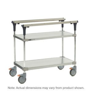 The Metro MS1848-FGFG PrepMate MultiStation is a two-tier metal utility cart with solid galvanized top and bottom shelves, chrome posts, dual side handles, and four swivel wheels with locks. Note: dimensions may vary from the product shown.